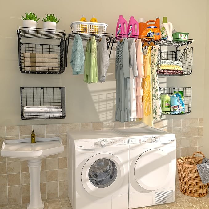 3IngSeagulls 2 Pack Laundry Room Shelves, Wire Baskets with 8 Hooks, Over Washer and Dryer Shelf, Wall Mounted Storage and Cl
