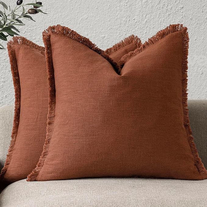 Foindtower Set of 2 Decorative Linen Fringe Throw Pillow Covers Boho Farmhouse Cushion Cover with Tassels Soft Accent Pillowc