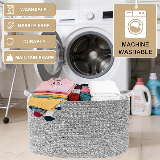 65L Large Blanket Basket,21"x16"x12" Rectangle Storage Bin with Handles,Woven Rope Laundry Basket for Toys, Clothes,Pillows,M