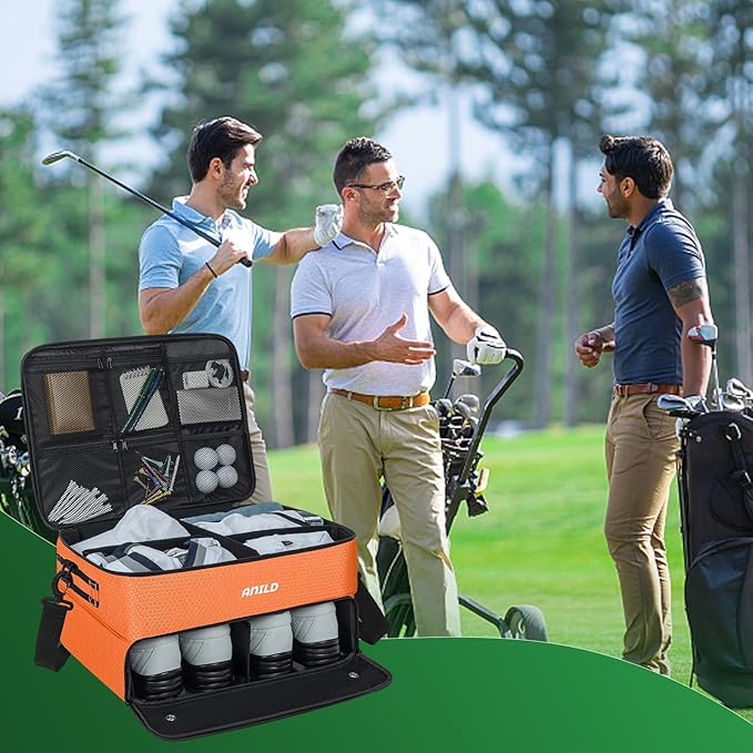ANILD Golf Trunk Organizer, 2 Layer Golf Storage Case with Separate Ventilated Compartment for 2 Pair Shoes, for Balls, Tees,