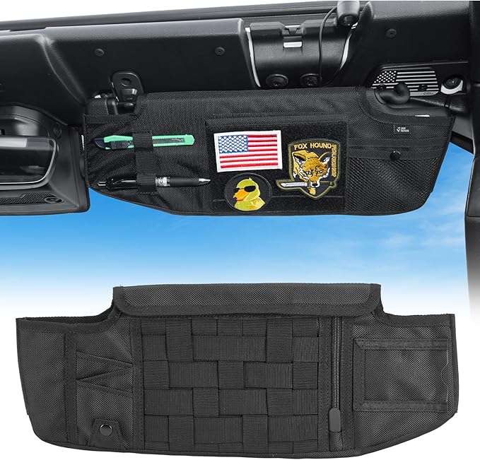 JOYTUTUS Sun Visor Organizer Compatible with 2018-2026 Wrangler JL & Gladiator JT Passenger's Side, Front Tactical Visor Storage Cover Molle Webbing Visor Storage Holder Pouch, Multi-Pocket Net Zipper