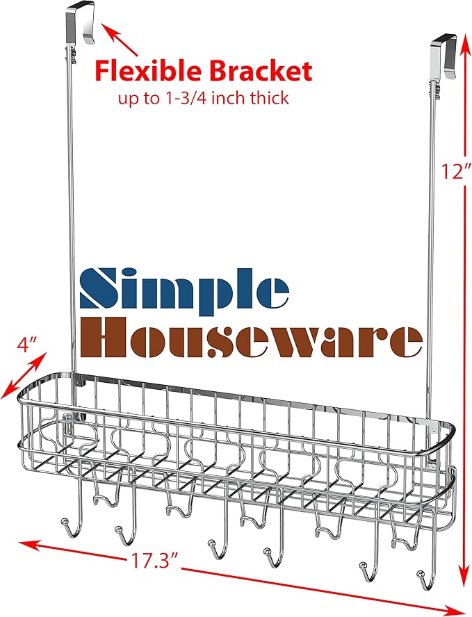 Simple Houseware Over The Door 11 Hook Organizer Rack with Basket Storage, Chrome