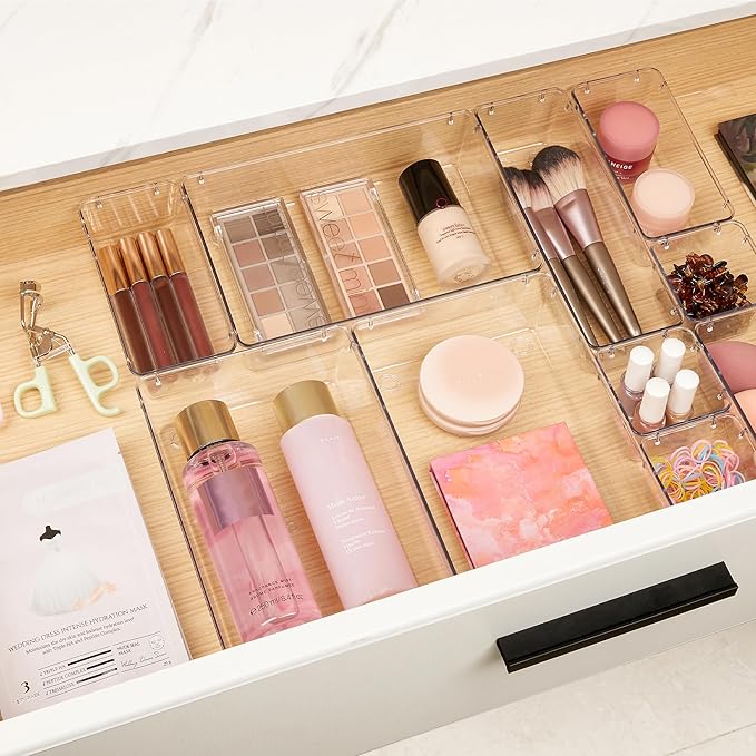 Vtopmart 10 Pcs Makeup Drawer Organizer Bins Set, 4 Size Plastic Makeup and Vanity Organizer Trays, Clear Acrylic Vanity Stor
