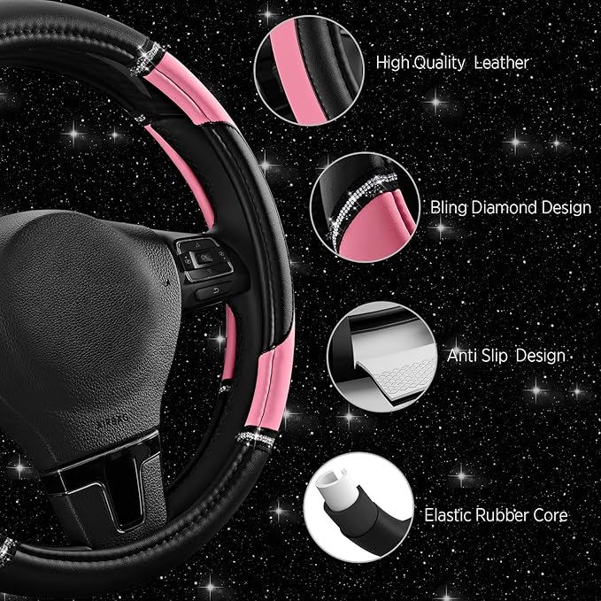 Road Comforts Leather Steering Wheel Cover - Made with PVC Leather - Anti-Slip, Universal Fit 14 1/2 inches to 15 inches - Pi