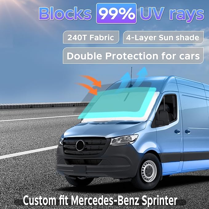 Sun Shade Sunshade for Mercedes Benz Freightliner Sprinter & Sprinter 2007-2025 2026 Windshield Cover, 4-Layers Sun Shield 250T Silver Sun Visor Foldable Window Shade Blocks UV Rays Van Accessories