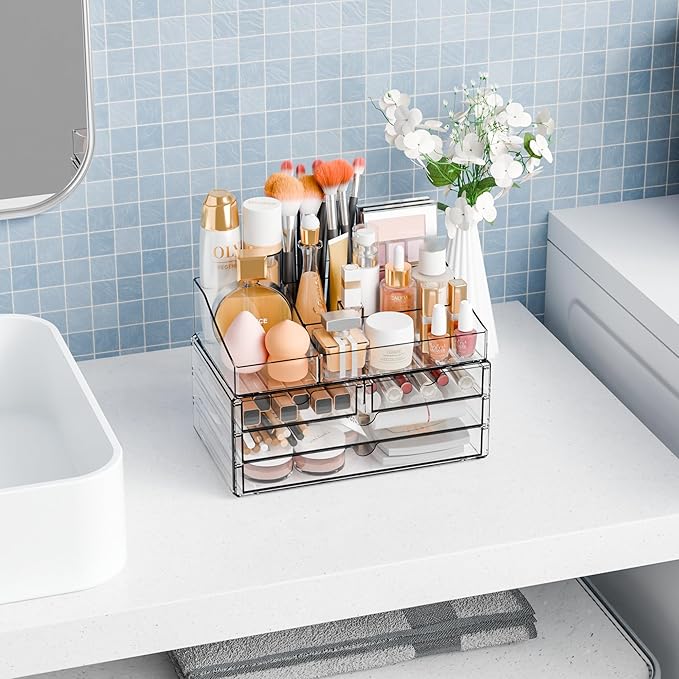 Yieach Acrylic Make up Organizers for Counter,Desk and Vanity,2 Pack Stackable Bathroom Counter Organizer with Drawers,Large 