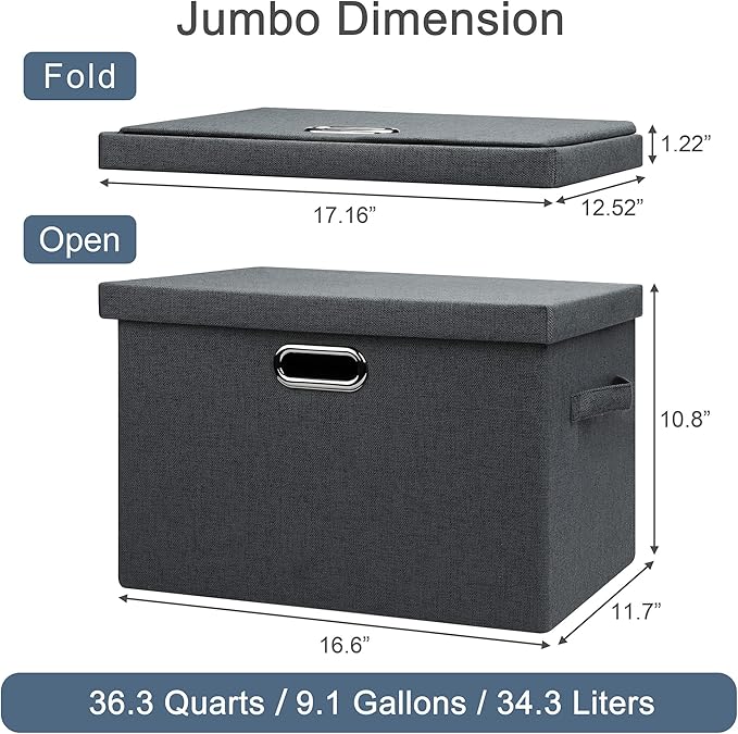 Graciadeco Large 17" 36 Quart Collapsible Stackable Storage Bins with Lids, 5 Packs Dark Gray Foldable Fabric Closet Storage 