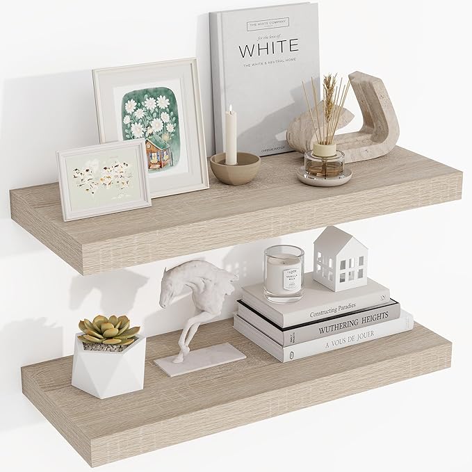 24 Inch Floating Shelves, 3D Textured Wood Grain, 24"x9.25"x1.5" Inch Deep Floating Shelves for Wall, Wooden Shelves for Bath
