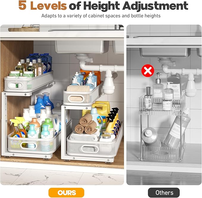 2 Pack 19.3IN-Depth Under Sink Organizer with Smooth Cylindrical Rail,2-Tier Pull Out Multi-Purpose Cabinet Storage for Bathr