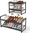 Expandable Shoe Rack, 2 Tier Adjustable Shoe Organizer with Flat & Slant Dual Use Design, Space Saving Shoes Stand for Closet