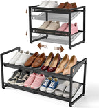 Expandable Shoe Rack, 2 Tier Adjustable Shoe Organizer with Flat & Slant Dual Use Design, Space Saving Shoes Stand for Closet