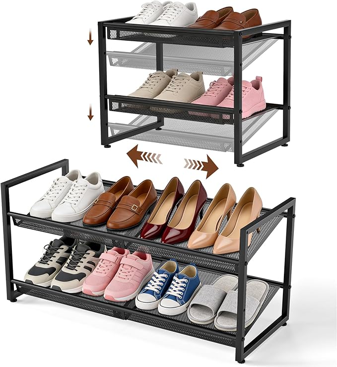 Expandable Shoe Rack, 2 Tier Adjustable Shoe Organizer with Flat & Slant Dual Use Design, Space Saving Shoes Stand for Closet
