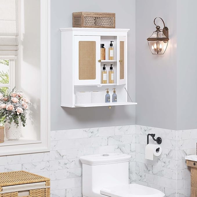 Spirich Bathroom Wall Cabinet Over Toilet, Boho Rattan Medicine Cabinet with Adjustable Shelf, Space-Saving Wall Mount Storag