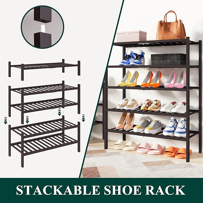 Smiry Shoe Rack, 4 Tier Thick Bamboo Shoe Organizer, Stackable Free Standing Wooden Shoe Storage Shelf for Closet, Entryway, 