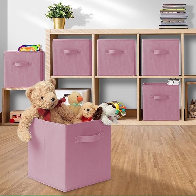 Casafield Set of 6 Collapsible Fabric Cube Storage Bins, Light Pink - 11" Foldable Cloth Baskets for Shelves, Cubby Organizer