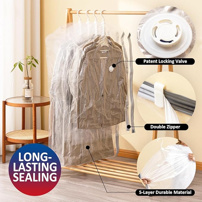 Hanging Vacuum Storage Bags, 4 Pack Hanging Storage Bags for Clothes With Electric Pump, Vacuum Sealed for Suits, Dress, Jack
