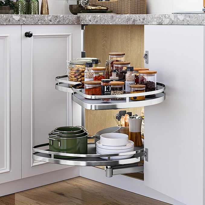 DWVO Corner Cabinet Pull-Out Organizer, 2-Tier Blind Corner Shelf with 270° Swing-Out Tray, Right Swing, Heavy-Duty Chrome Pl