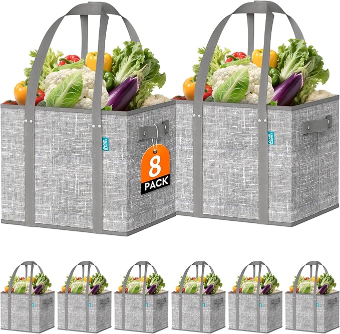 Fab totes Reusable Grocery Bags, Large Foldable Shopping Tote Bags with Reinforced Handles & Hard Bottom,8 Pack, Grey