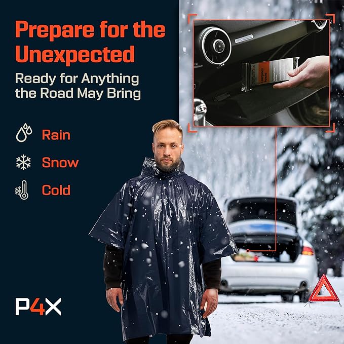 PREPARED4X Emergency Mylar Poncho – Survival Rain Poncho with Hood – Lightweight, Compact, Reusable Emergency Blanket Poncho 