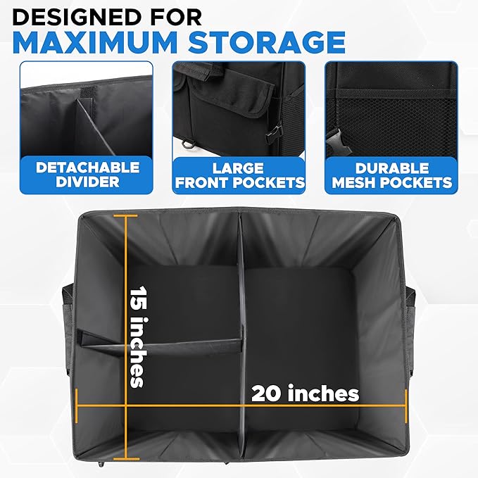 EcoNour Trunk Organizer for Car | SUV Collapsible Cargo Storage Box with Detachable Dividers, Mesh Pockets & Adjustable Straps