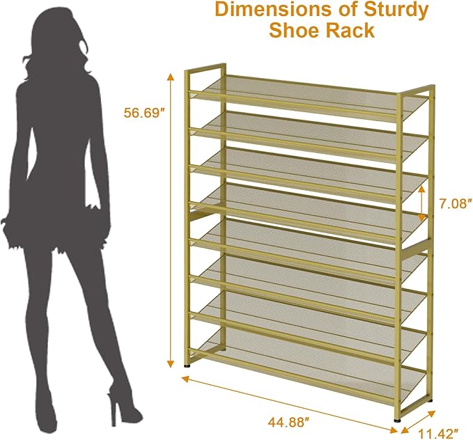 Large Shoe Rack 8 Tier Shoe Organizer, Heavy Duty Metal 4-Tier Stackable Shoe Storage Vertical Shoe Rack for Closet Front Doo