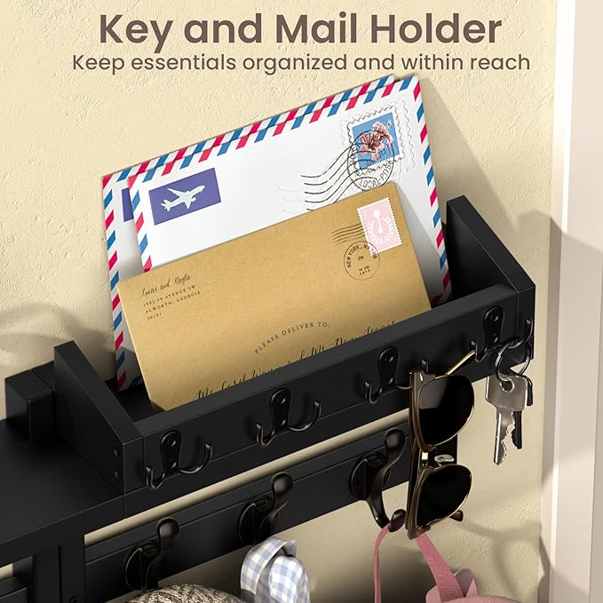 29'' Black Coat Rack Wall Mount with Shelf, Solid Wood Coat and Key Hanger with 11 Metal Hooks, Farmhouse Wall Organizer for 