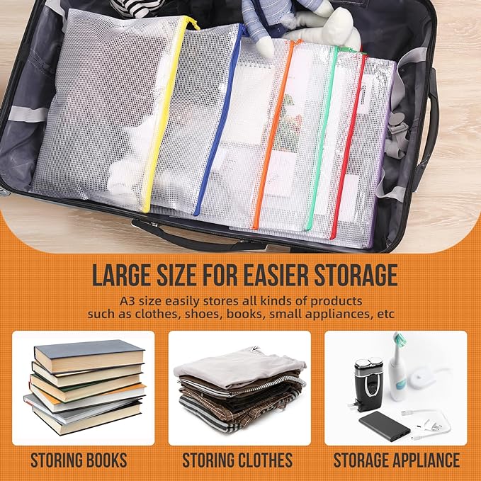 24pcs Mesh Zipper Pouch File Bags Puzzle Storage Bags, A3 17x12 Inches Large Reusable Zipper Pouches for Organizing Classroom