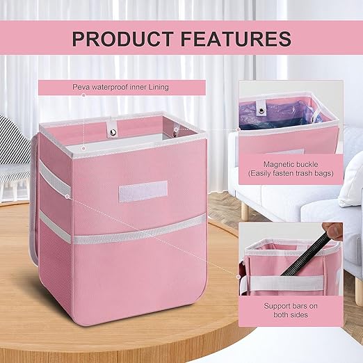 Simple Deluxe Car Trash Can with Lid and Storage Pockets, Multipurpose Garbage Bin with Adjustable Straps, Collapsible and Portable Organizer, 2 Gallon, Pink