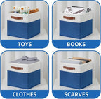 Temary 11 Storage Cube Bins for Shelves, Closet - 4 Pack Fabric Baskets With Leather Handles (White & Blue)