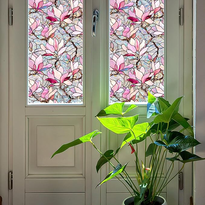 Niviy Window Clings Pink Magnolia Stained Glass Window Film, Sun Protection Decals for Car Moonroof, Static Cling Rainbow Sticker Covering for Home Door (16.93 x 39.37inch)