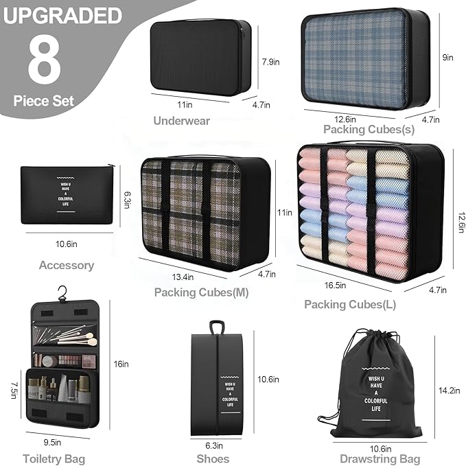 8 Set Packing Cubes for Travel,Suitcase Organizer Bags for Luggage with Shoe & Hanging Toiletry Bag, Vacation Essentials & Ac