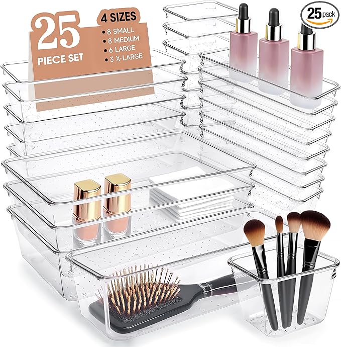 Clear Acrylic Drawer Organizers Set Storage for Makeup, Office Desk Small Vanity Trays for Drawer Bathroom Plastic Make up Or