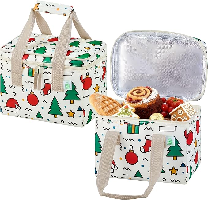 VENO 2 Pack Christmas Insulated Lunch Bag for Women Men, Reusable Lunch Box Grocery Shopping Bag Small Cooler with Handles Zippers for Work Office Picnic Beach (Jingle Mix)