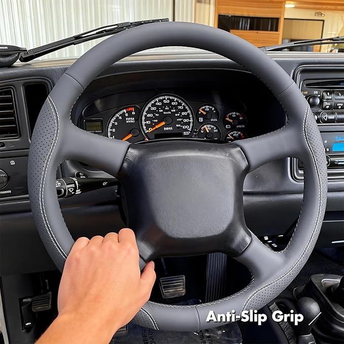 MEWANT Hand Stitch Steering Wheel Cover for Chevy Silverado 1500 2500 3500 1999-2002 Tahoe Suburban 1998-2002 Astro Blazer S10 Kodiak C/K Grey Faux Leather Custom-Fit Anti-Slip Interior Wrap