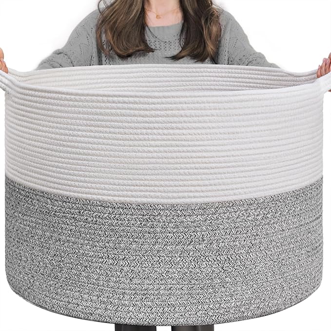 INDRESSME Large Storage Basket, 21.7'' x 13.8'' Cotton Rope Blanket Basket Living Room, Toy Organizers and Storage with Handl