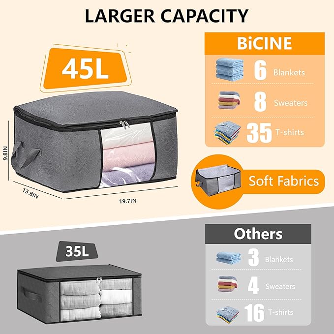 8 Pack Clothes Storage Bags with Zipper, 45L Foldable Blanket Storage Bag with Clear Window Sturdy Handles for Closet, Dorm, 
