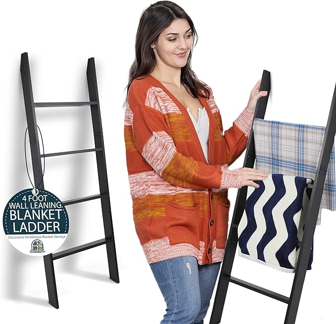 Blanket Ladder for Living Room and Bedroom, 4ft 4-Tier Wall Leaning Laminate Snag Free Construction (Black) Rustic Decorative