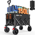 Collapsible Wagon Cart, 150L Heavy Duty Foldable Beach Wagon with Wider Wheels & Auto-Rebound Handle, Utility Grocery Shopping Cart for Garden, Shopping, Camping, Sports, Black
