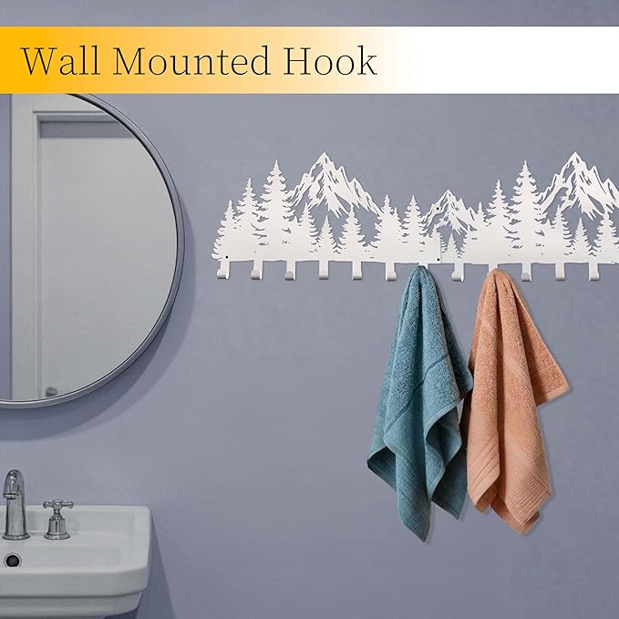 Large White Mountain Wall Mount with 14 Hooks, Decorative Forest Art Wall Hangerfor Cabin Entryway Front Door Bathroom Kitche
