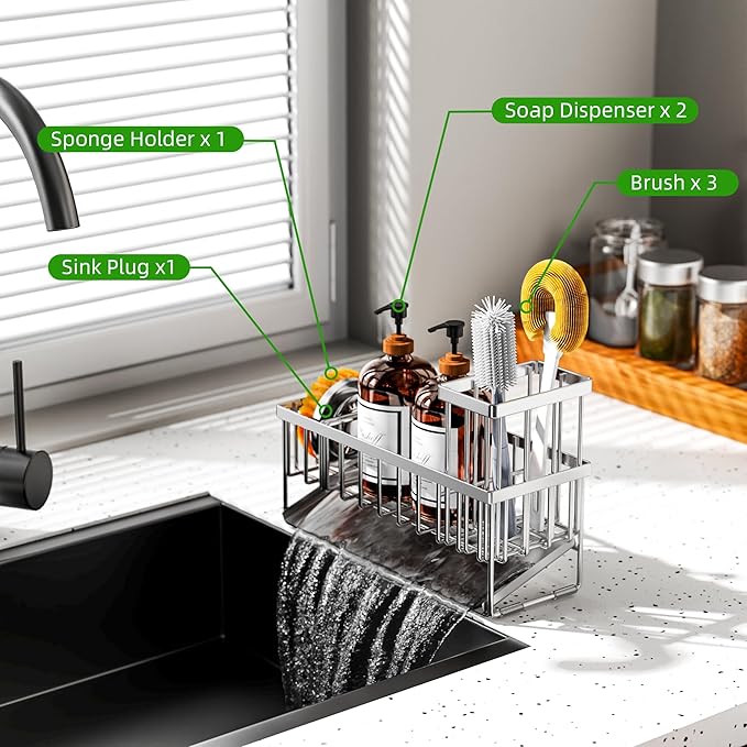 Cisily Extra Large Silver Kitchen Sink Caddy Organzier with High Brush Holder, Sponge Holder for Sink, 304 Rustproof Stainles