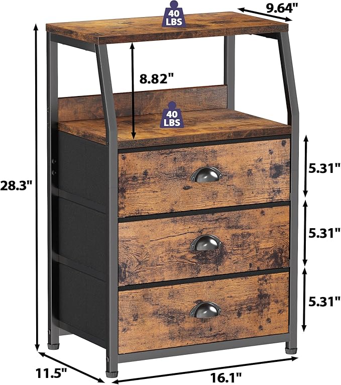 Furnulem Nightstand with 3 Drawers and 2-Tier Shelf, Fabric Small Dresser Organizer Vertical Storage Tower for Bedroom, Close