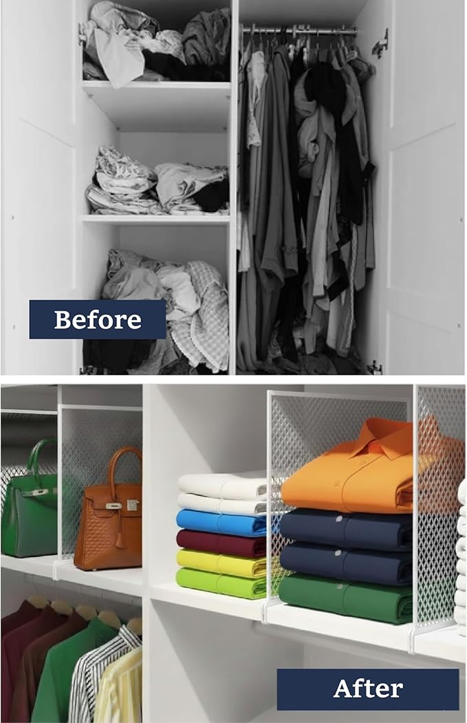 Nexu 6-Pack Metal Mesh Shelf Dividers for Closet Organization, Ultra-Stable Under-Shelf Hook Design, Matte Non-Slip Heavy Dut
