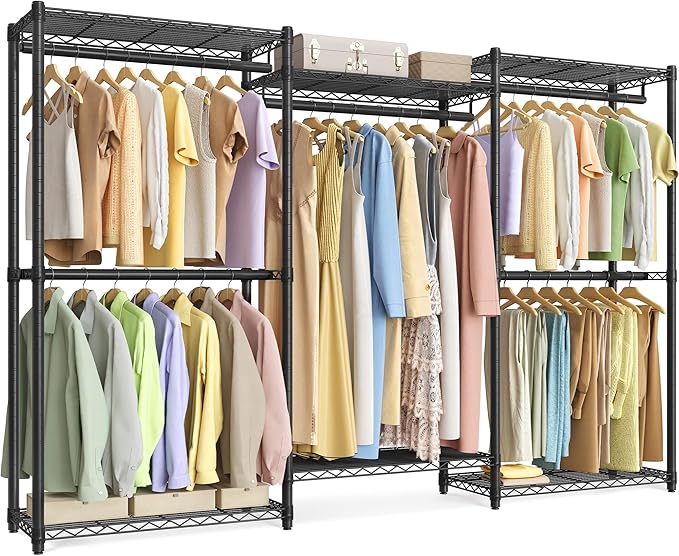 SONGMICS Heavy-Duty Clothes Rack, Garment Rack, Portable Closet, 86.4-Inch Wide Clothing Rack with Adjustable Mesh Shelves an
