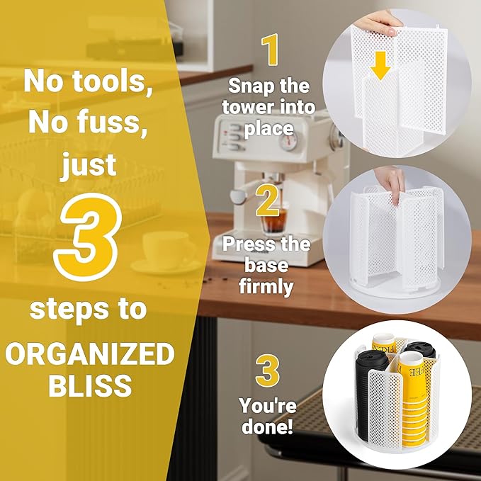4-Compartment Rotating Paper Cup Holder & Coffee Cup Lid Storage Dispenser, Plastic Cup Dispenser Removable, Space-Saving Cou
