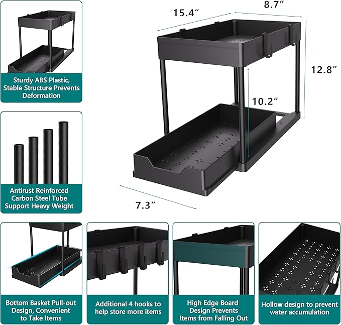 MEAFBIRD 2 Pack Under Sink Organizer, 2 Tier Bathroom Cabinet Organizer with Sliding Basket, Multi-Purpose Under Sink Organiz
