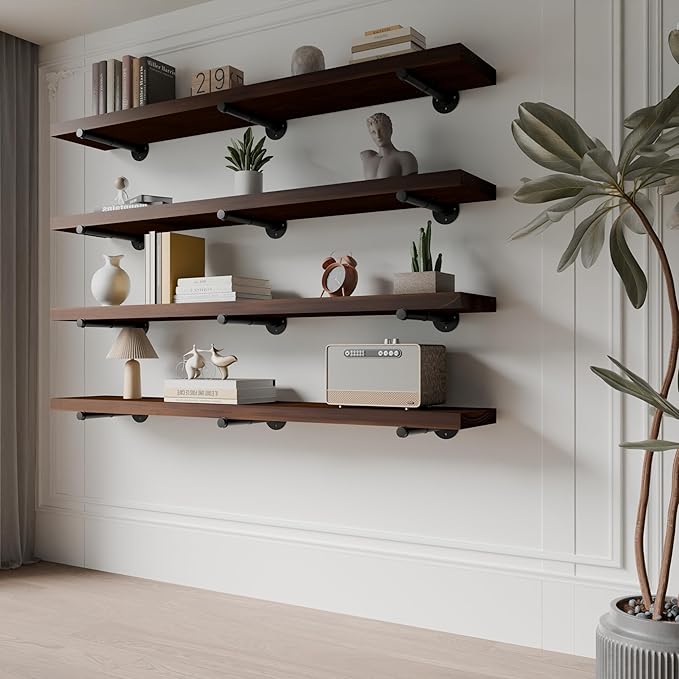 Industrial Pipe Wall Wood Shelves,Real Wooden Shelves 60" in Walnut Color with 11.8" Extra Width, Modern Floating Shevles Boo