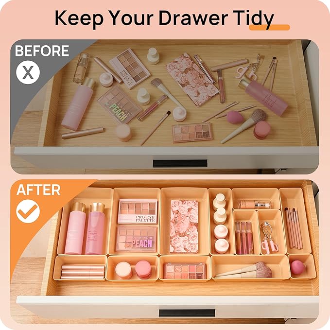 Vtopmart 25 PCS Plastic Drawer Organizers Set, 4-Size Versatile Bathroom and Vanity Drawer Organizer Trays, Storage Bins for 