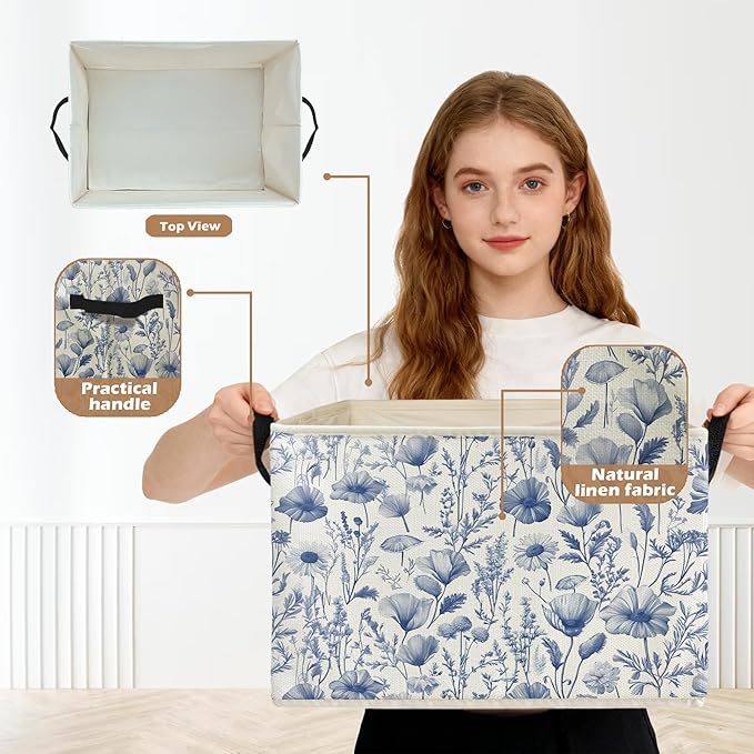 Blue and White Floral Storage Box Bins, Chinoiserie Flower Botanical Collapsible Storage Basket Organizer for Bedroom Laundry