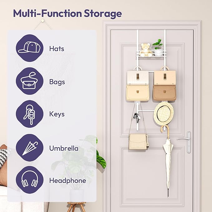 SWTYMIKI Over The Door Purse Organizer - Wall Mounted Handbag Organizer with 10 Hooks and Metal Basket, Hanging Purse Storage