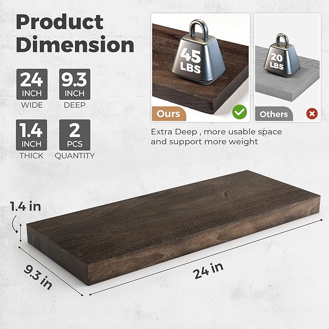 RICHFOCUS Elm Floating Shelves for Wall - 24" W x 9.3" D Rustic Solid Wood Shelves with Invisible Bracket, Wall-Mounted for L